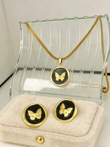 Women's Fashion Necklace And Earring Set, 304 Stainless Steel Gold-Plated Enamel Necklace Earring Set, Summer Style Accessories, Hypoallergenic And Fade-Resistant, Minimalist Elegant Versatile, Perfect For Commuting, Dating, Party, Easily Upgrade Your Outfit, Ideal Birthday Gift - Multicolor - View 3