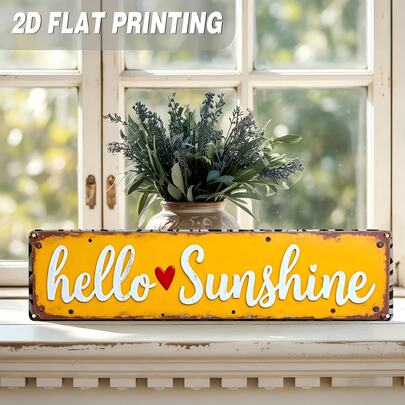 Biển hiệu kim loại phẳng 2D, 1 chiếc, tối giản "Hello Sunshine" - Trang trí nhà nông thôn cổ điển với chữ "Hello Sunshine" và hình trái tim, kích thước lớn 4x16 inch (10x40cm), thích hợp cho nhà bếp, phòng khách, lối vào - Quà tặng tân gia, không cần dây điện, dễ lắp đặt, trang trí nhà cửa, thiết kế cổ điển, cấu trúc chắc chắn, dành cho người đam mê trang trí nhà cửa, biển hiệu kim loại, trang trí nhà nông thôn tối giản, biển hiệu kim loại phong cách retro.