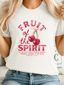 Dos cerezas unidas con un lazo rosado simbolizan la dulzura interior la alegría la bondad y la serenidad que florecen en el espíritu femenina camiseta de mujer cómoda y moderna para uso diario - Blanco - Ver 6