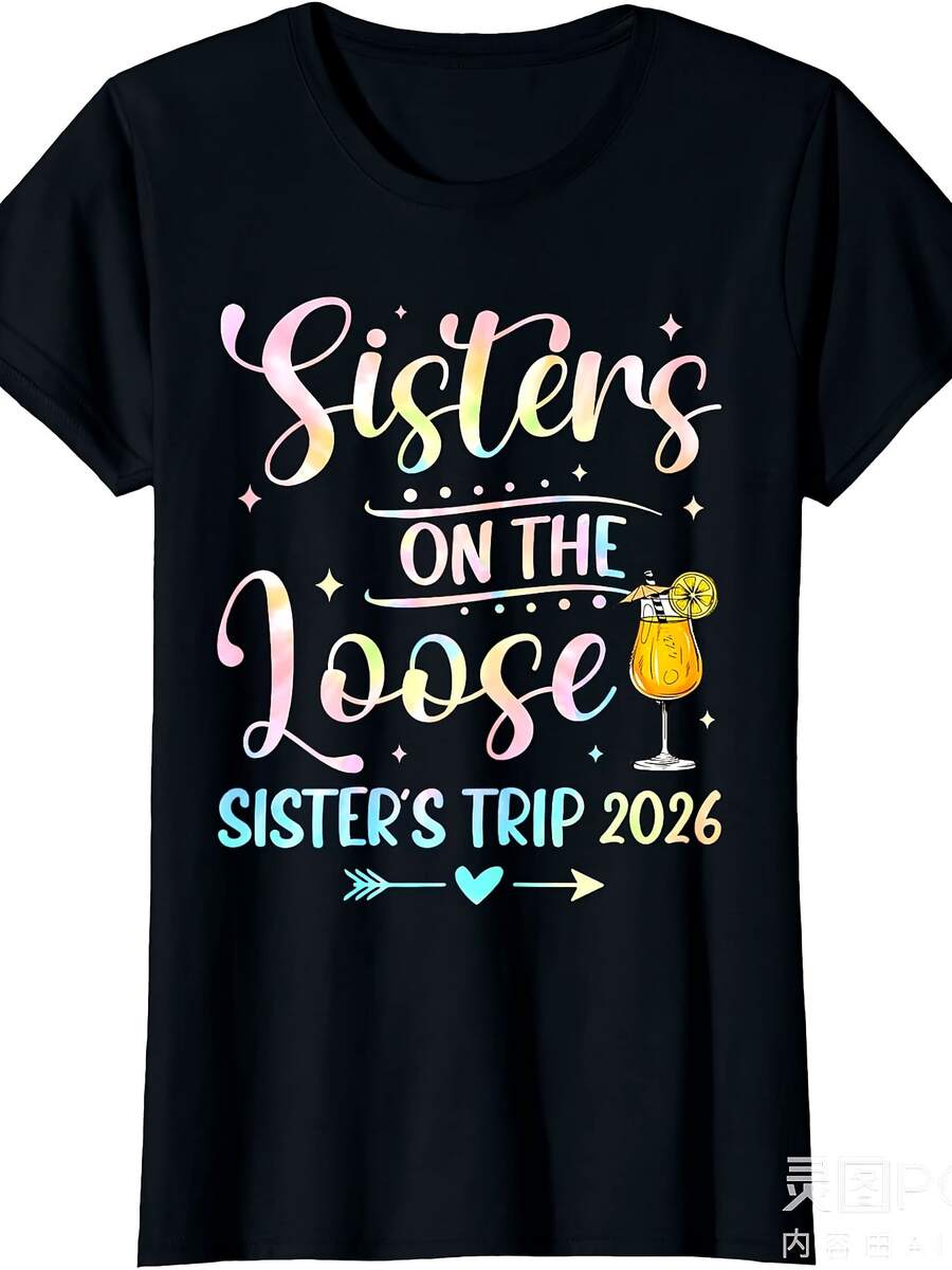 "Sister Trip" - Sisters Travel Series Weekend Trip T-Shirt 2026 | Unisex, Summer Short Sleeve 2025, Printed, Solid Color, 220G, Round Neck, Regular Fit, Suitable For All Seasons, Vintage Style. - 黑色 - 查看 1