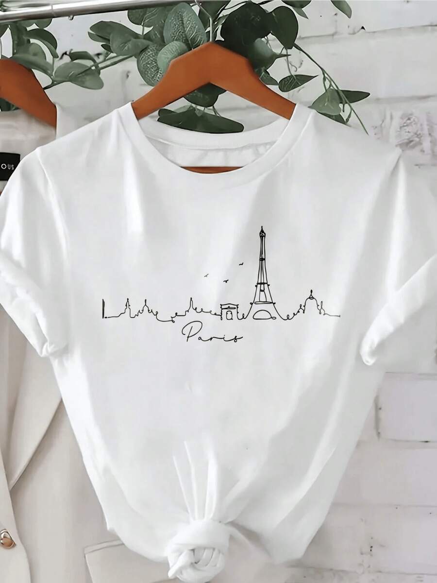 Líneas que representan el horizonte de París con la torre iluminada evocando romance y libertad en una noche tranquila camiseta de mujer urbana moderna y cómoda para uso diario - Blanco - Ver 1