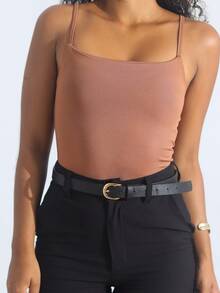 Kit 3 Women's Bodysuit Thin Strap Square Neckline Casual Suplex Double Lining Basic - 棕色/巧克力色/白色 - 查看 6