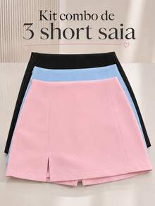 Kit Of 3 Tailored Skirt Shorts With Slit For Parties And All Occasions - Fashion Blogger Style - 黑色,淺粉紅色和淺藍色 - 查看 1