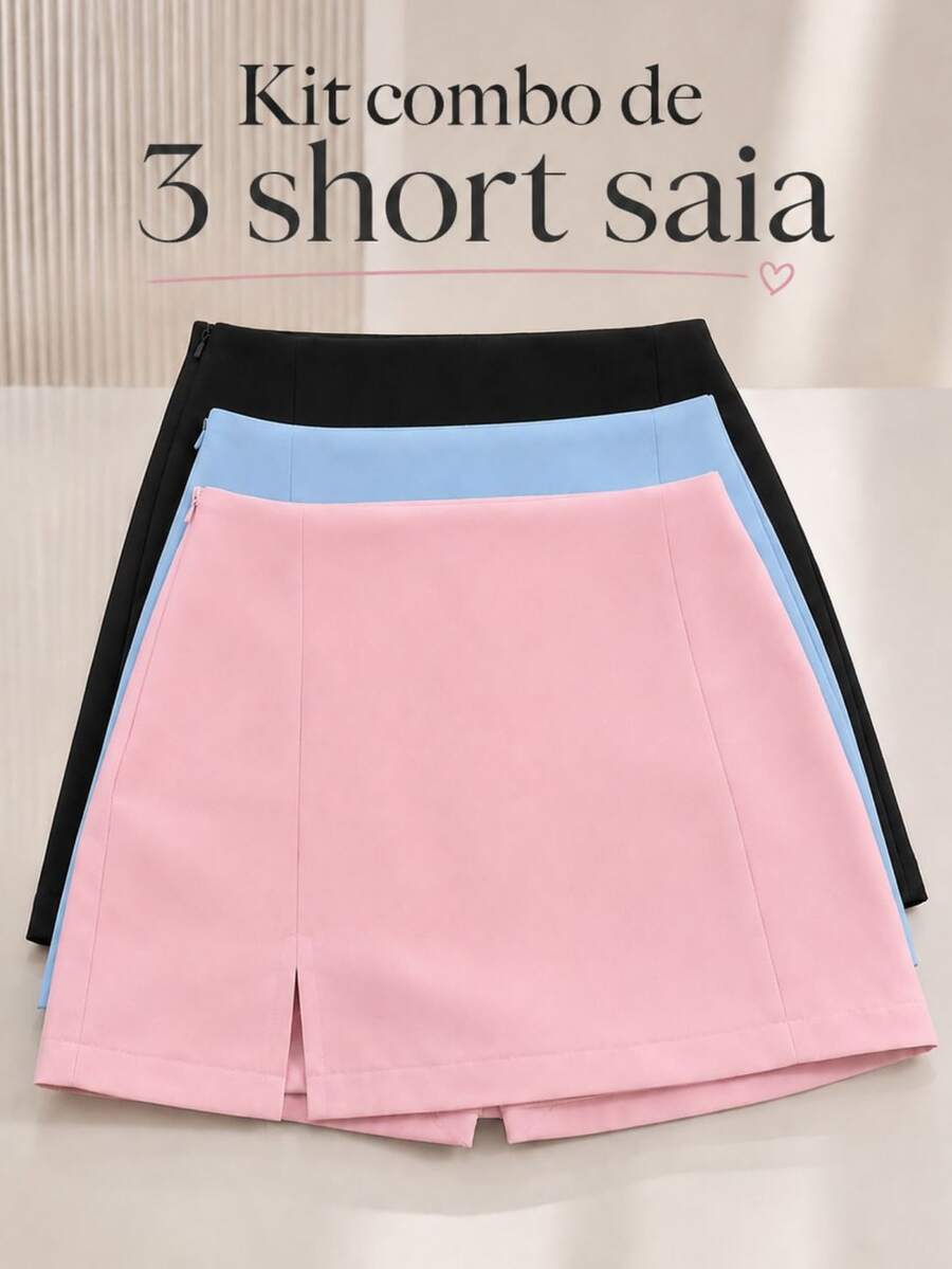 Kit Of 3 Tailored Skirt Shorts With Slit For Parties And All Occasions - Fashion Blogger Style - 黑色,淺粉紅色和淺藍色 - 查看 1
