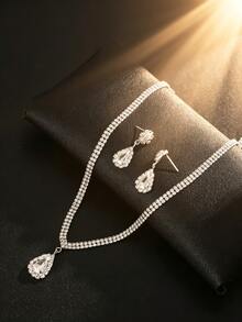 3pcs Set Silver Plated Double Row Tennis Chain Jewelry Set - V-Neck Necklace With Pear-Shaped Pendant + Dangling Earrings, Women's Accessories Suitable For Summer Parties/Weddings/Galas - Silver - View 2