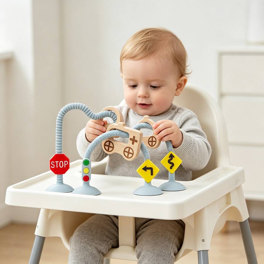 Silikon Baby Frühförderung Schiebe- und Ziehspielzeug, kleines Auto Verkehrserkennung Spielzeug, Hochstuhl Saugnapf Spielzeug, Lernspielzeug, Weihnachts- Halloween- Thanksgiving Geschenk