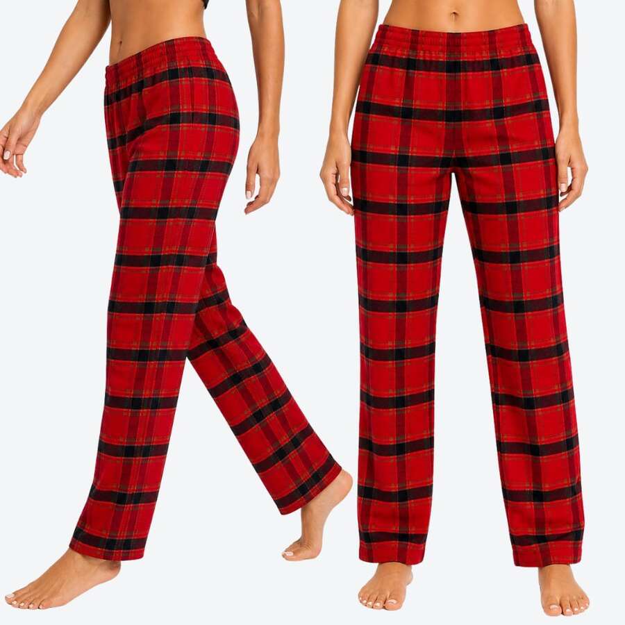 Women's Checkered Sleep Pants, Comfortable Cotton Pajamas, Women's Lingerie, Sleepwear, Women's Pants - 紅木色 - 查看 1