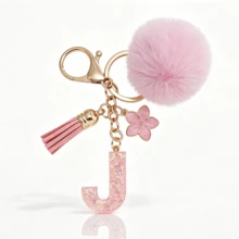 A-Z Fluffy Pom Pom Keychain, Fashionable Bag Charm & Key Ring, Holiday Bag Accessory, Perfect Gift For Valentine's Day/Birthday/New Year - Pink - View 16