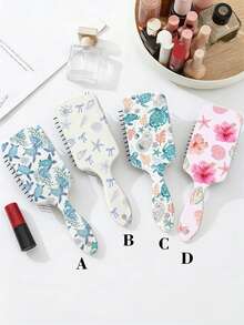 1pc Summer Blue Sea Turtle Pattern Straight Hair Smooth Air Cushion Comb, College Style Ocean Shell Printed Massage Comb, Large Breathable Handheld Hair Brush, Ins Fresh Floral Aesthetic Comb, Portable Travel Daily Use, Birthday Holiday Gift For Family Friends Girls - Multicolor - View 1