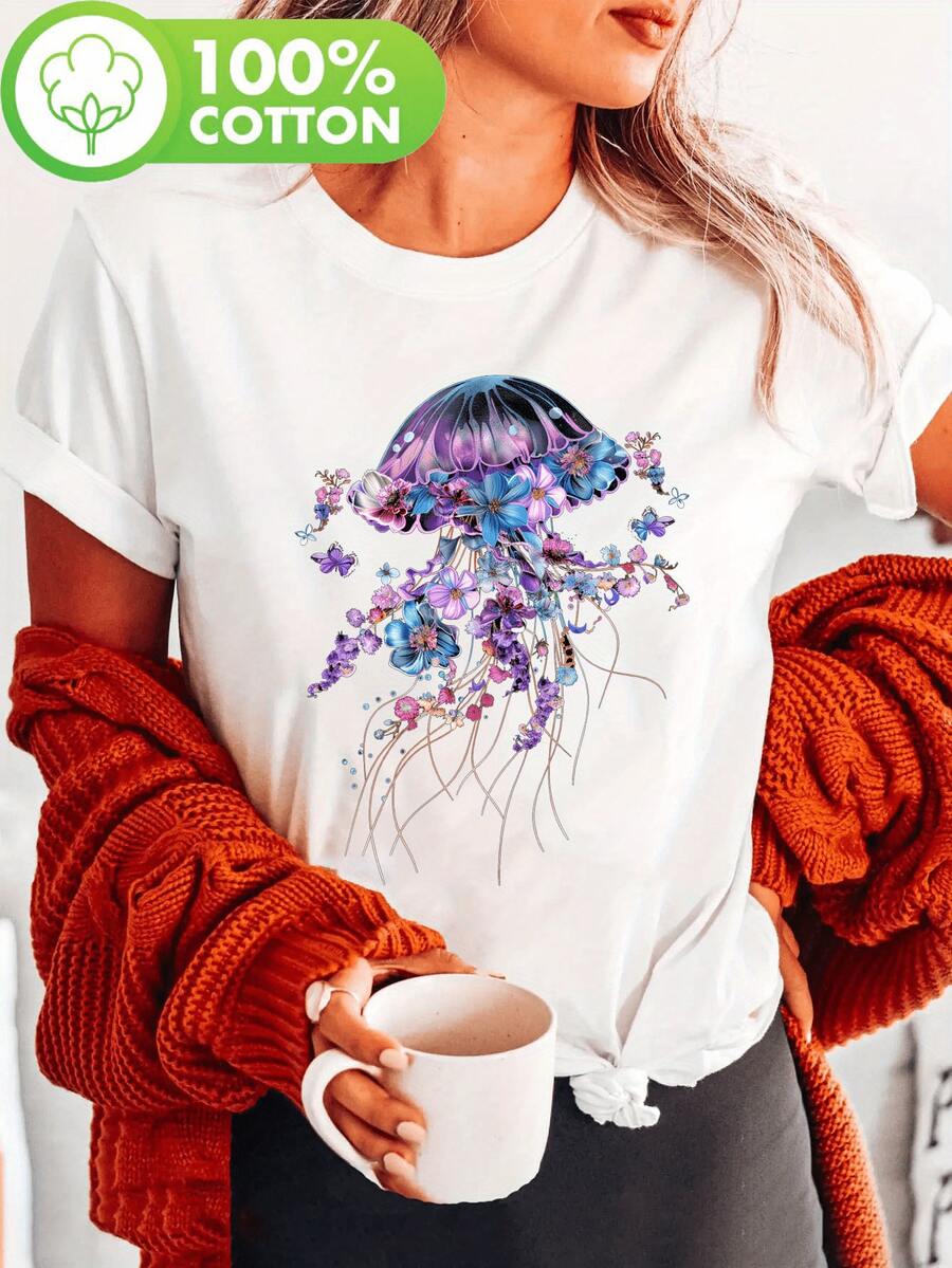 - Flower And Jellyfish Print T-Shirt, Short Sleeve, Crew Neck, Casual Top For Summer And Spring, Women's Clothing, Loose And Comfortable. - White - View 1
