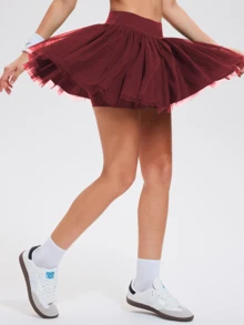 KyrLssu Women's High Waist Fluffy Tulle Mini Skirt - Red - View 5