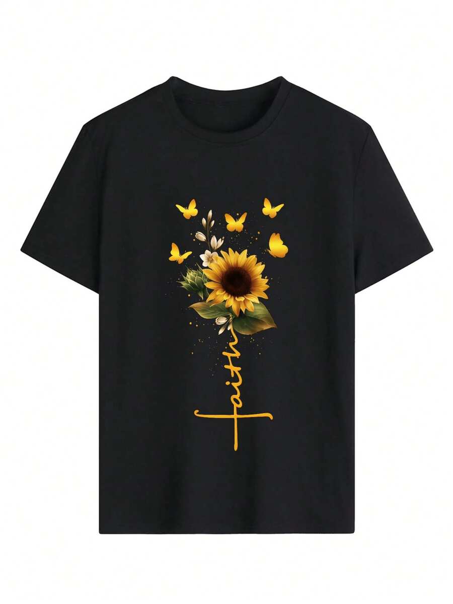 Golden Butterflies Surrounding A Sunflower Symbolizing Hope, Joy, And Faith, With Petals Evoking Sunlight And Positive Energy. A Comfortable And Modern Casual Women's T-Shirt For Everyday Wear. - 黑色 - 查看 1