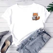 Camiseta estampada para mujer con diseño de lindo panda rojo leyendo un libro - camiseta casual de manga corta y cuello redondo, corte relajado para todas las estaciones, perfecta para uso diario y vacaciones, lavable aáquina. - Blanco - Ver 7