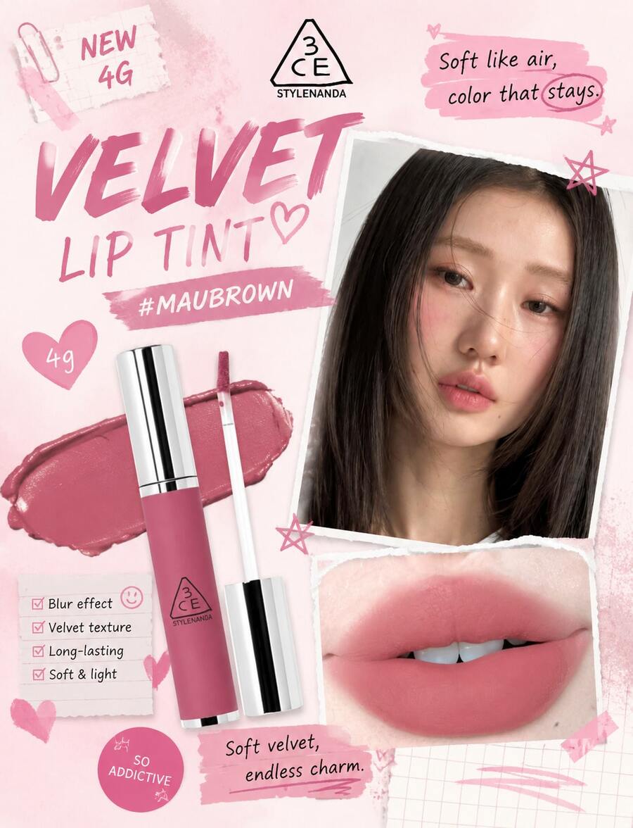 3CE 1pc Multi-Color Reddish Brown & Purple Sweet Potato Lip Balm, Smooth Matte Velvety Texture Nourishing Long-Lasting Blurring Effect Lip Cream For Daily Makeup, Korean Cosmetics - #Mauvrowm Taro Color - View 1