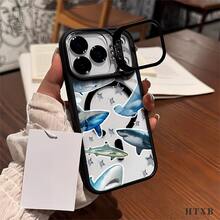 Funda de metal para cámara con patrones de estrella de tiburón, magnética, con impresión UV, adecuada para iPhone 17, 16, 15, 14, 13, 12 Pro Max/Pro/Plus, regalos de Halloween, Navidad y Acción de Gracias para amigos y familiares, funda para dispositivos, diseño de tiburón. - Gris - Ver 9
