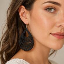 6 Pairs/Set, Fashionable Colorful Wooden Hollow Pendant Earrings, Elegant Minimalist Style - Multicolor - View 3