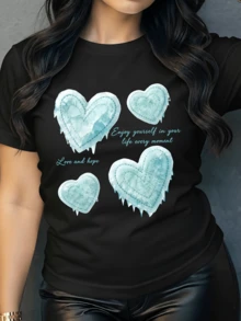 Corazones helados simbolizan la pureza del alma y la fuerza interior que se mantiene firme ante los cambios de la vida transmitiendo paz esperanza y amor camiseta de mujer casual moderna y cómoda para uso diario - Negro - Ver 6