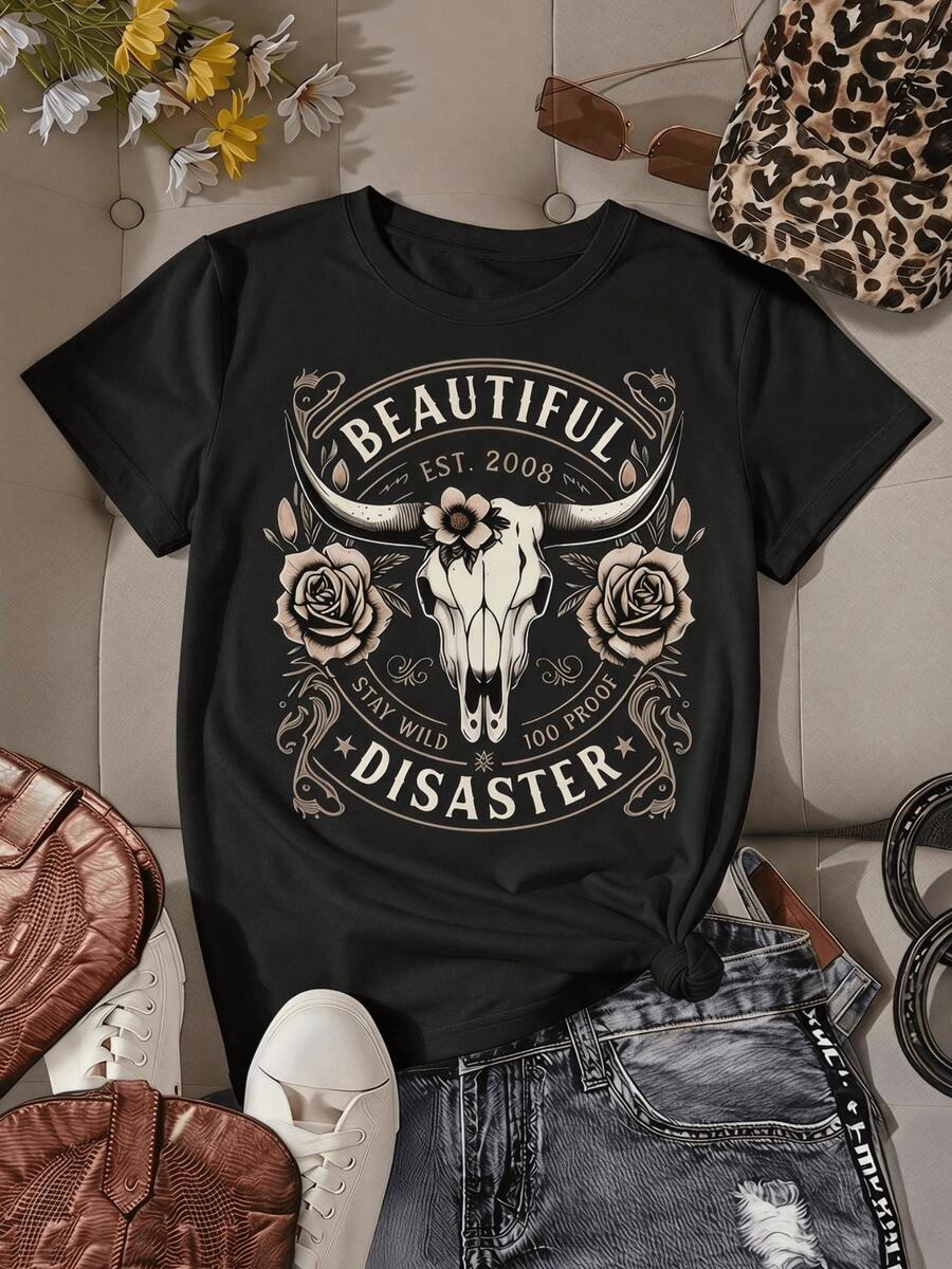Bull Skull Decorated With Flowers And Roses Symbolizes Inner Strength And Wild Beauty, Evoking A Free Spirit And Feminine Courage. A Modern, Casual Women's T-Shirt For Comfortable And Attractive Everyday Wear. - 黑色 - 查看 1