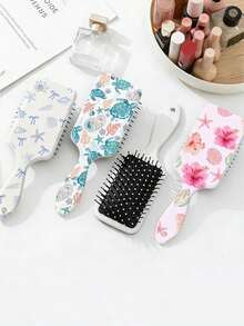 1pc Summer Blue Sea Turtle Pattern Straight Hair Smooth Air Cushion Comb, College Style Ocean Shell Printed Massage Comb, Large Breathable Handheld Hair Brush, Ins Fresh Floral Aesthetic Comb, Portable Travel Daily Use, Birthday Holiday Gift For Family Friends Girls - Multicolor - View 2