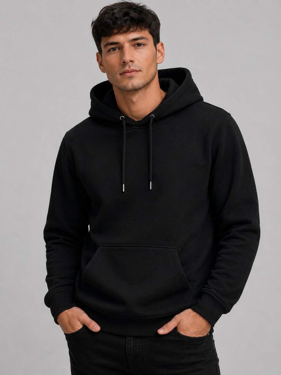 Men's Kangaroo Hoodie With Flannel Lining, Casual Winter Sweatshirt - màu đen - Xem 1