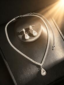 3pcs Set Silver Plated Double Row Tennis Chain Jewelry Set - V-Neck Necklace With Pear-Shaped Pendant + Dangling Earrings, Women's Accessories Suitable For Summer Parties/Weddings/Galas - Silver - View 5