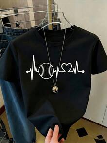Líneas de pulso que se convierten en un corazón y una pelota de béisbol simbolizando la pasión por el deporte y la energía vital camiseta de mujer casual moderna cómoda y de inspiración deportiva - Negro - Ver 8