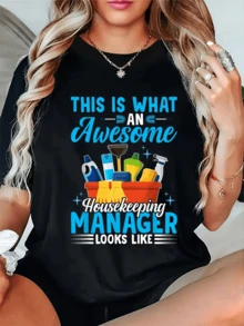 Un estampado que celebra con humor y orgullo el trabajo de una gerente de limpieza mostrando utensilios brillantes productos de aseo y el mensaje motivador sobre la importancia del esfuerzo diario camiseta de mujer casual cómoda y moderna - Negro - Ver 6