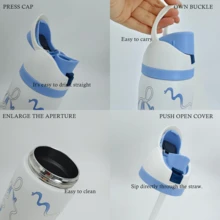 OwaIa Blue Ribbon Bow Large Capacity Stainless Steel Water Bottle,32oz/945ml,With A Straw,Exquisite Appearance,Keeps Drinks Hot Or Cold,Can Hold Iced Drinks And Water,Suitable For Leisure,Work,Sports,Indoors And Outdoors,Suitable For Students And Office Workers,As A Gift - Xanh và trắng - Xem 3