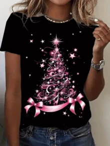 Árbol navideño formado por luces rosas brillantes estrellas centelleantes y lazos que evocan alegría festiva y encanto femenino camiseta de mujer casual moderna para fiestas y uso diario - Negro - Ver 8