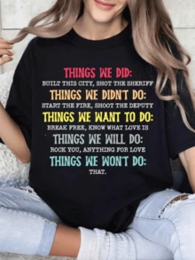 Texto inspirador que expresa diferentes acciones y deseos humanos reflejando humor y libertad en frases coloridas y motivadoras sobre vivir con pasión y sentimiento camiseta de mujer casual cómoda ideal para uso diario - Negro - Ver 8