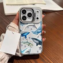 Funda de metal para cámara con patrones de estrella de tiburón, magnética, con impresión UV, adecuada para iPhone 17, 16, 15, 14, 13, 12 Pro Max/Pro/Plus, regalos de Halloween, Navidad y Acción de Gracias para amigos y familiares, funda para dispositivos, diseño de tiburón. - Gris - Ver 2