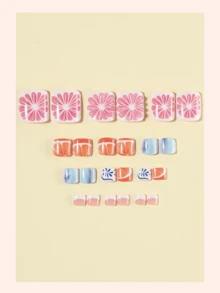 24pcs Summer Short Square Gold Rimmed Denim Shell Star Pattern Glossy Full Cover False Toenails, Suitable For Women & Girls Daily Wear, Suitable For Vacation Or Beach - Multicolor - View 2