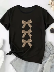 Tres lazos con estampado de leopardo simbolizan elegancia valentía y encanto femenino en perfecta armonía creando una sensación de poder y dulzura camiseta de mujer moderna casual cómoda para uso diario - Negro - Ver 8