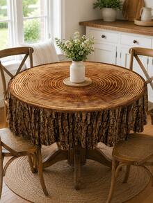 Tree Stump & Annual Rings Printed Waterproof Tablecloth, Vintage Countryside Style Round/Square Dining Table Cover, Outdoor Garden Party Wedding Decor Oil & Dust Proof Tabletop Cloth - Brown - View 1