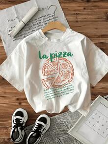 Pizza divertida con rebanadas dibujadas que simbolizan compartir momentos felices y sabor casero transmitiendo energía positiva con colores alegres camiseta de mujer casual y cómoda para diario - Blanco - Ver 1