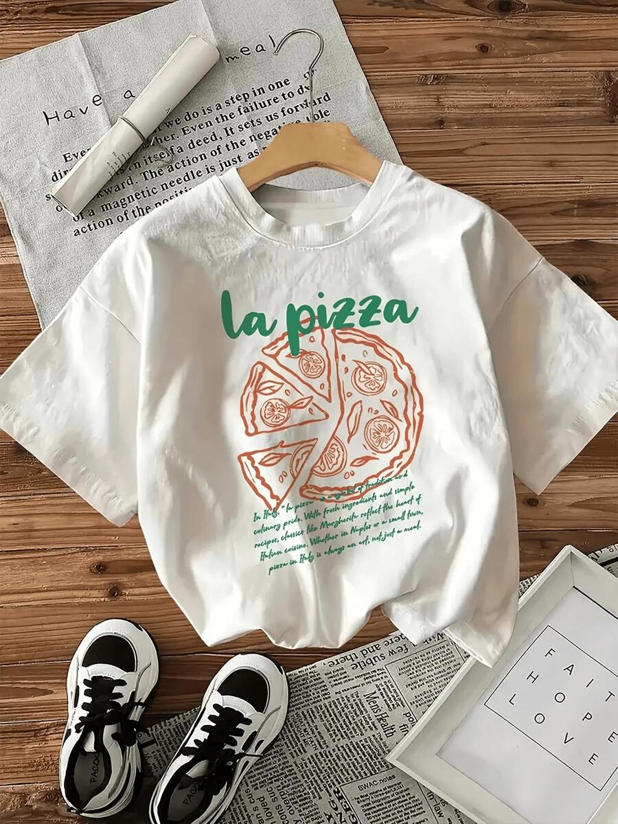 Pizza divertida con rebanadas dibujadas que simbolizan compartir momentos felices y sabor casero transmitiendo energía positiva con colores alegres camiseta de mujer casual y cómoda para diario - Blanco - Ver 1