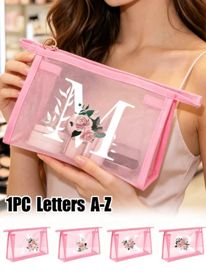 Pink Mesh Bag,Printed With Creative Flower Letters A-Z Transparent Mesh Cosmetic Storage Bag, Lager Capacity And Multi Functional Travel Portable Bag, Lipstick Skincare Product Storage Wash And Makeup Bag, Student Stationery Bag, Mesh Zipper Bag, Travel Cosmetic Packaging Storage Bag, Simple And Advanced, Jewelry Storage, Suitable For Accommodation, Travel, Business, Swimming, And Home Storage,Holiday Essentials For Summer For Vacation ﻿