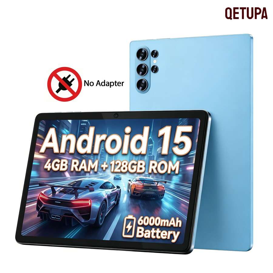 Qetupa 10.1 吋平板電腦，Android 15 系統，MTK 6762 八核心處理器，4GB RAM，128GB ROM，5MP 前置相機與 13MP 後置相機，1280x800 HD IPS 觸控螢幕，6000mAh 電池續航力，802.11ac 2.4G+5G WIFI5/藍牙 5.2/GPS（不含適配器）