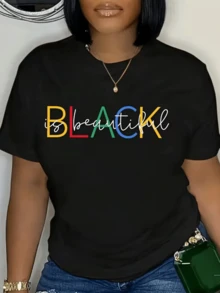Palabras coloridas que celebran la belleza y la fuerza interior con mensaje positivo de autoestima y orgullo personal camiseta de mujer casual moderna cómoda para uso diario - Negro - Ver 1