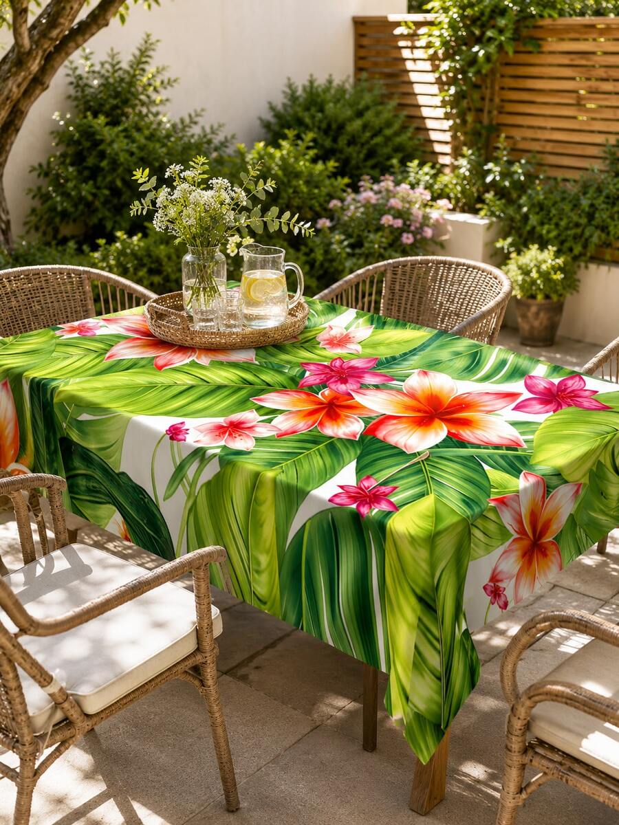 1 pieza Mantel de poliéster con estampado de hoja de palma tropical y plumeria, adecuado para cocina, comedor, jardín exterior, patio, boda, fiesta, reunión con tema hawaiano y decoración del hogar de verano - Verde - Ver 1