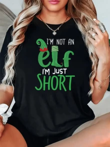 Texto divertido con frase humorística sobre un duende alegre que celebra la baja estatura con un toque navideño camisetas de mujer casual cómoda para uso diario fiestas o regalos originales - Negro - Ver 8