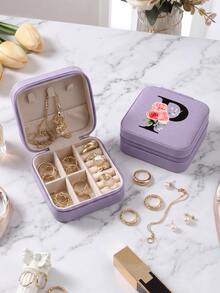 Purple PU Leather Mini Jewelry Organizer Box, Portable Travel, Home Jewelry Case With Multi-Compartment For Necklaces, Earrings, Rings, Studs Hair Clips, Floral Design - Flowers Style - View 15