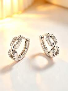 1 Pair S925 Sterling Silver Geometric Double Square Hoop Earrings With Synthetic Zirconia, Elegant Quality Jewelry For Women's Daily Wear - Silver - View 3