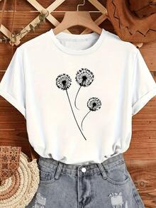 Tres diente de león que simbolizan libertad esperanza y la belleza efímera del momento en un aire suave expresan el deseo de nuevos comienzos y sueños que vuelan camiseta de mujer casual cómoda moderna para diario - Blanco - Ver 1