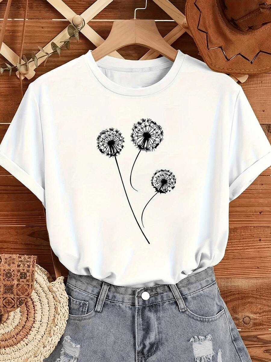 Tres diente de león que simbolizan libertad esperanza y la belleza efímera del momento en un aire suave expresan el deseo de nuevos comienzos y sueños que vuelan camiseta de mujer casual cómoda moderna para diario - Blanco - Ver 1