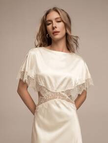 HZXVIC New Women's Solid Color Elegant Lace Patchwork Open Slit Design Vacation Beach Sexy Dress With Lining Summer - Beige - View 4