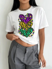 Camiseta casual de manga corta para mujer con diseño de corazón de leopardo, perfecta para Mardi Gras e ideal para primavera y verano - [Blanco] - Ver 6