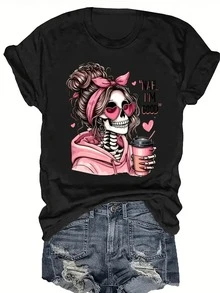 Talla Grande - Talla Grande - [Camiseta Estampada Talla Grande] Camiseta Casual de Manga Corta para Mujer Talla Grande - Bonito estampado de calaveras con gafas en forma de corazón y una taza de café, corte holgado, cuello redondo, camiseta estampada de verano. - Negro - Ver 7