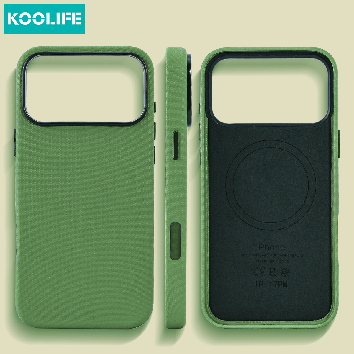 Koolife 1pc Green Magnetic PU Leather Phone Case, PC+TPU Shockproof Protective Cover, MagSafe Compatible With Apple 17/17Pro/17ProMax/16/15/14/13, Matte Finish With Large Camera Frame, Anti-Scratch And Fingerprint Design - Green - View 1