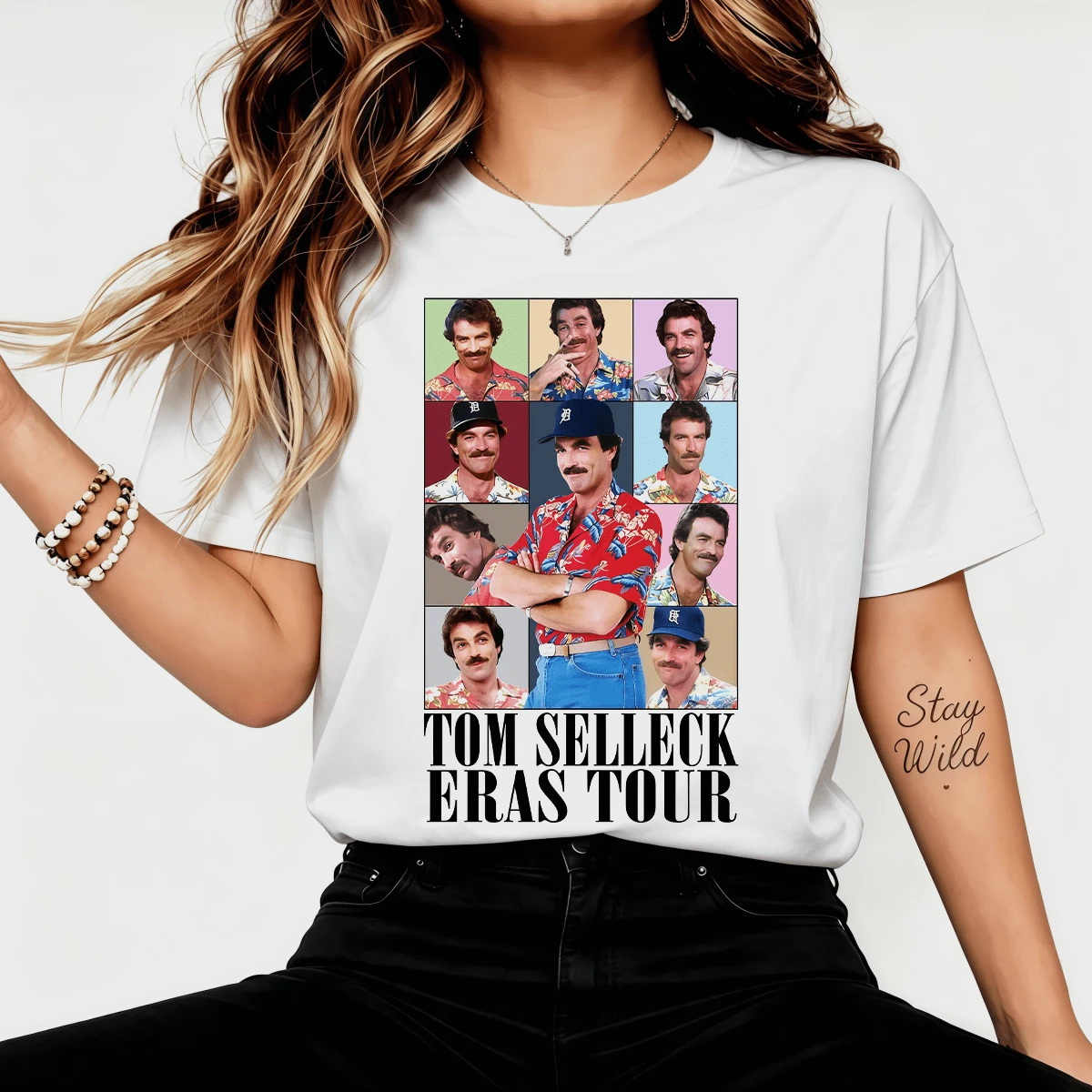 Tomm Selleckk Erass Tourr Multicolored Portrait Collage Graphic T-Shirt, 80s Vintage TV Show Casual Cotton T-Shirt For Fans - White - View 1